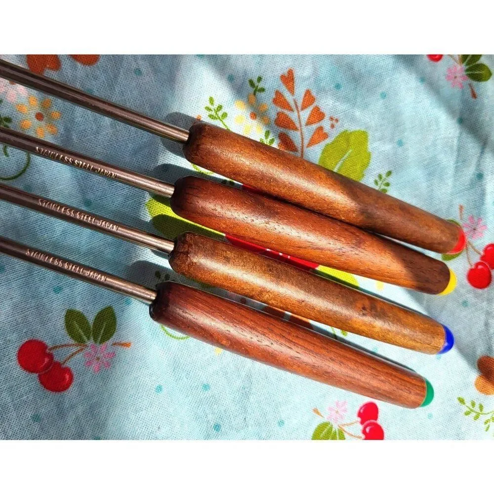 Oster Fondue Forks Stainless Steel MCM Wood Handle Color Dot 4each Vintage Japan